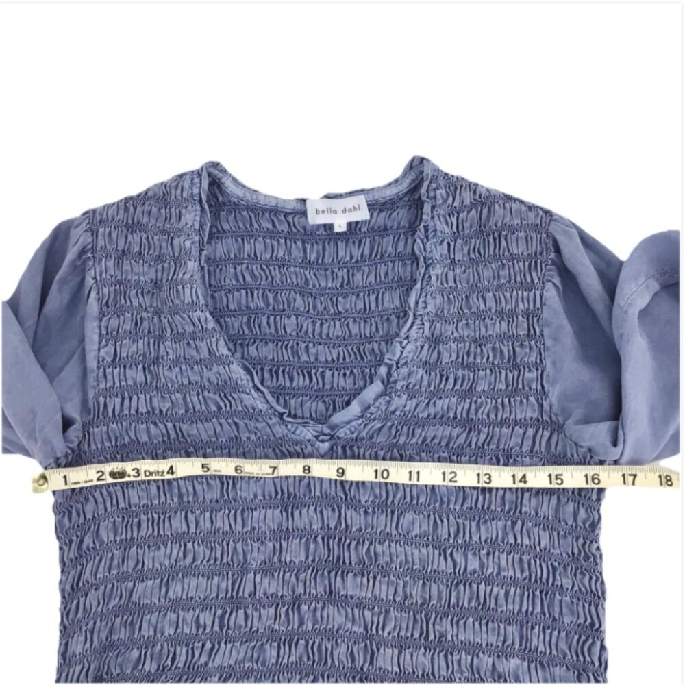 Bella Dahl Tencel-Lyocell Blue V Neck Long Sleeve Smocked Mini Dress Size Large - Picture 4 of 14